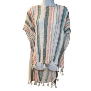 Roxy Striped Tassel Poncho‎ Swim Cover Up Multicolor Boho High Low Womens ML
